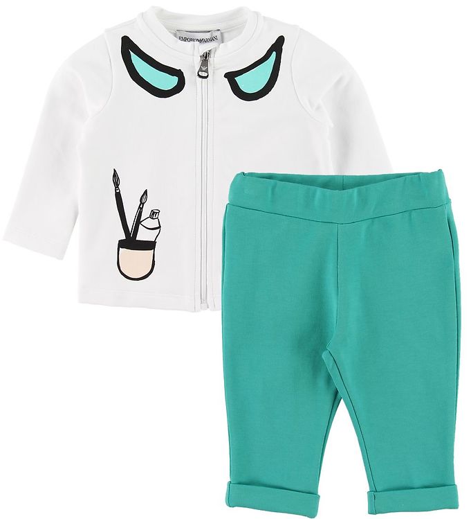 Emporio Armani Sæt Cardigan Sweatpants Hvid Turkis Pensle